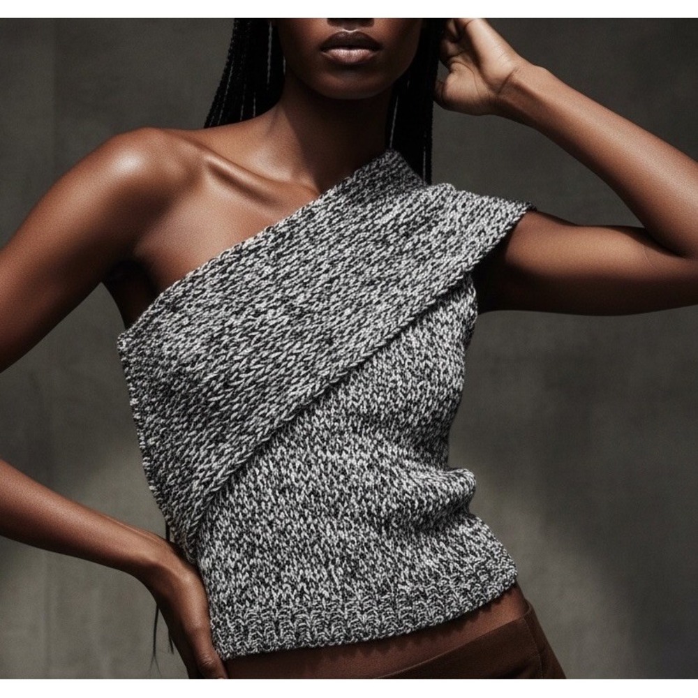 NWT Womens S ZARA Black & White Marled Knit One Shoulder Sleeveless Sweater